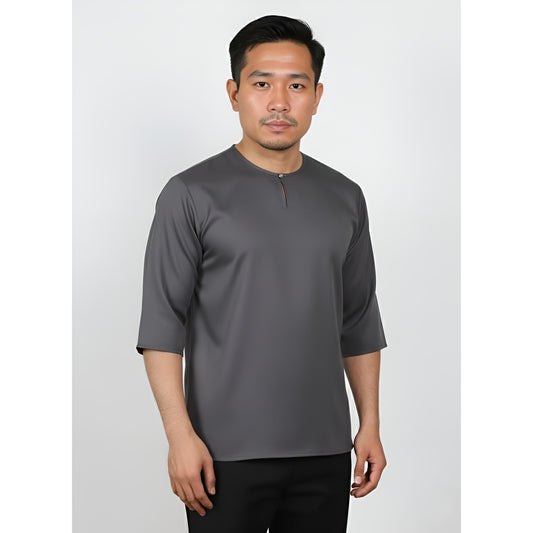 Kurta Lelaki Dewasa Tiga Suku Premium Crepe Dengan Wooded Button (Grey)