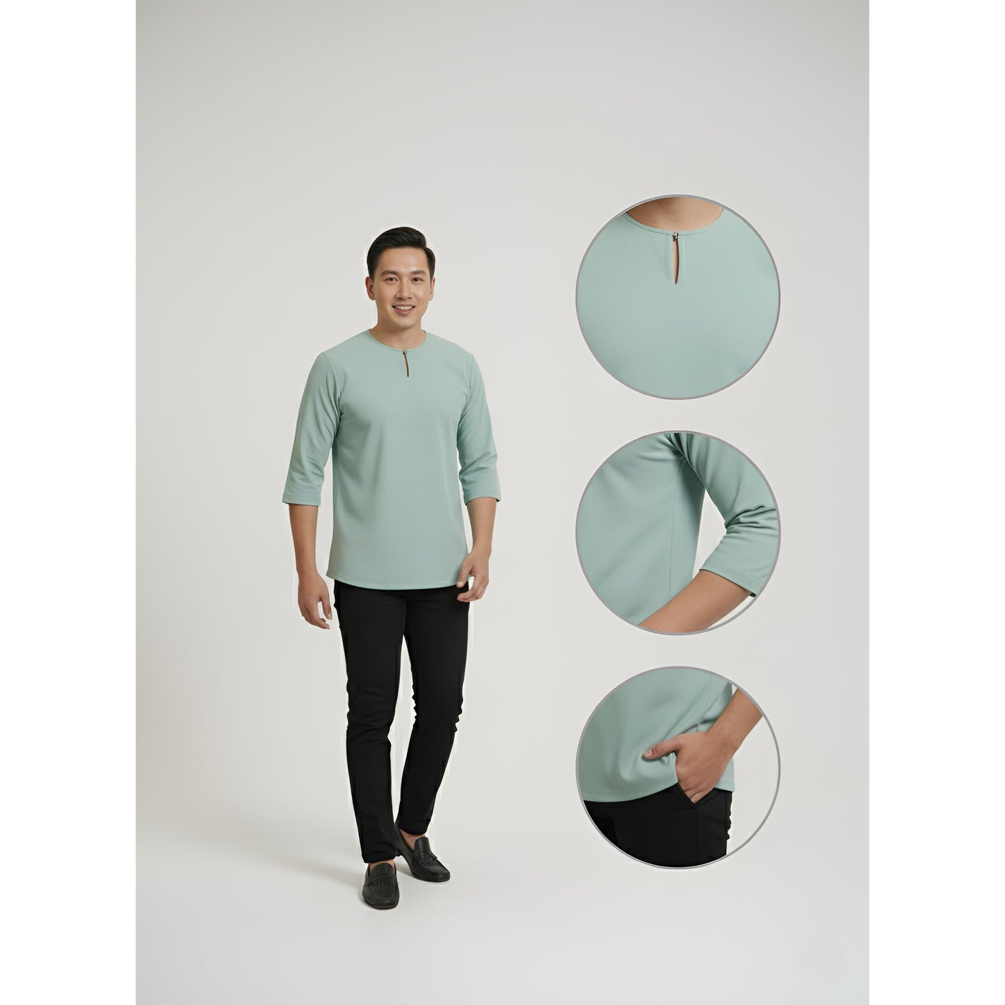Kurta Lelaki Dewasa Tiga Suku Premium Crepe Dengan Wooded Button (Maroon)