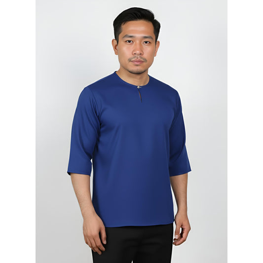 Kurta Lelaki Dewasa Tiga Suku Premium Crepe Dengan Wooded Button (Royal Blue)