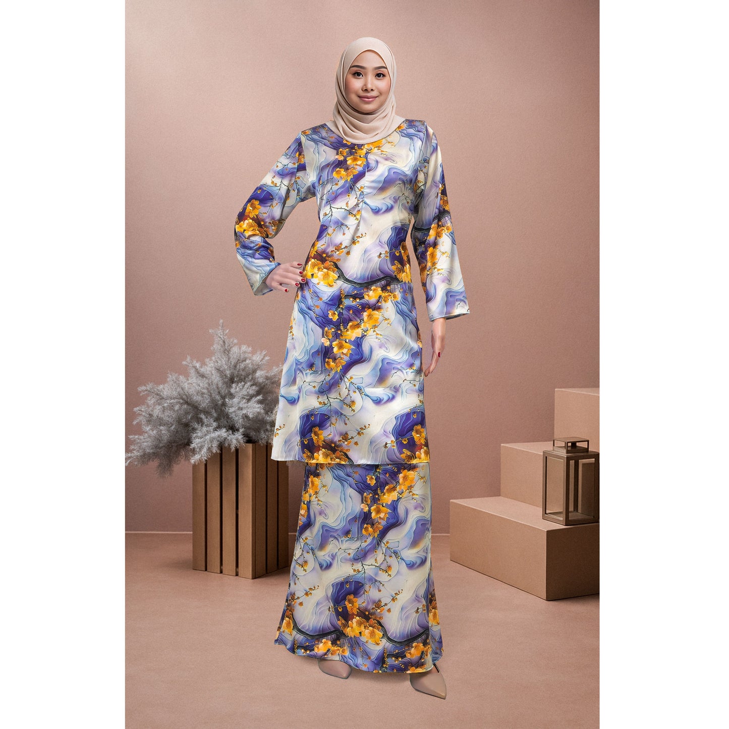Bold Bloom Baju Kurung Camilia (CA03) Material Mango Ariani Silk Satin - Elegant Modern Floral Dress Wanita Muslimah
