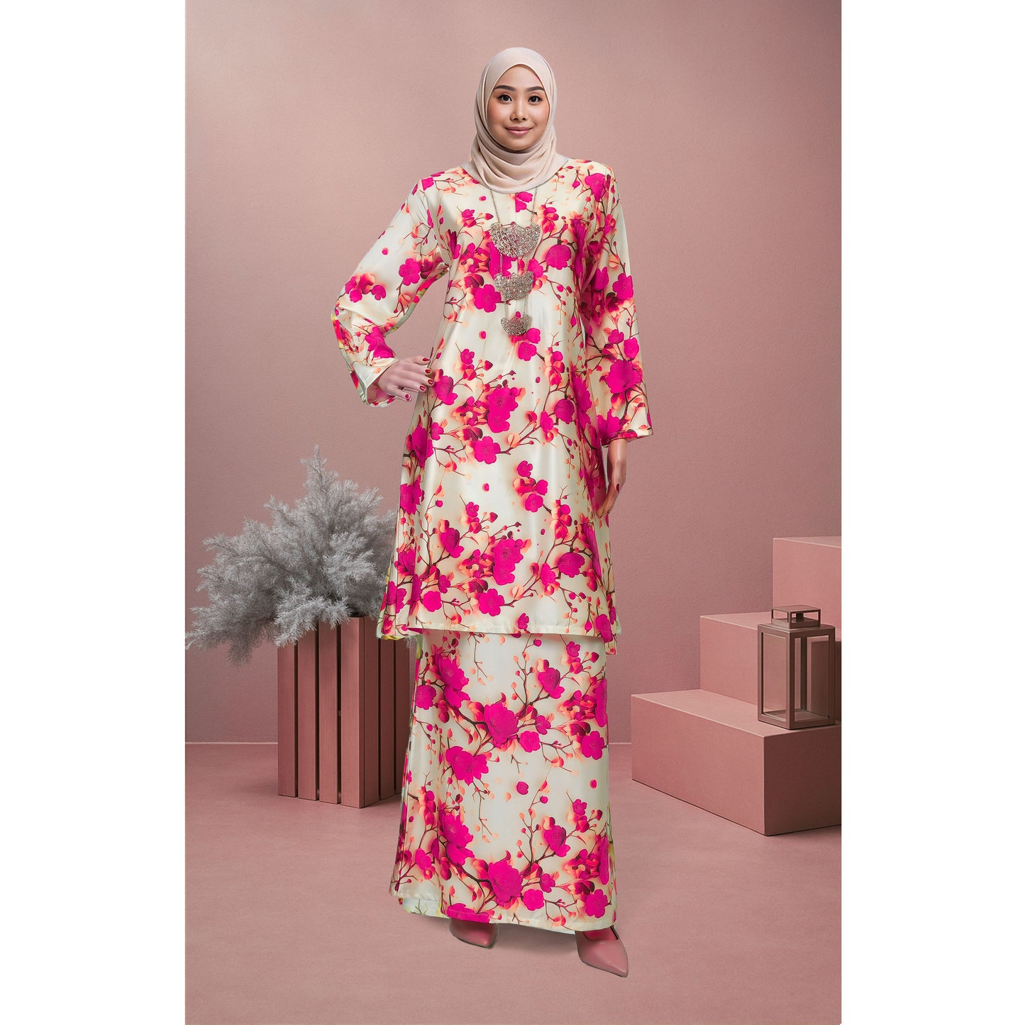 Bold Bloom Baju Kurung Camilia (CB03) Material Mango Ariani Silk Satin - Elegant Modern Floral Dress Wanita Muslimah