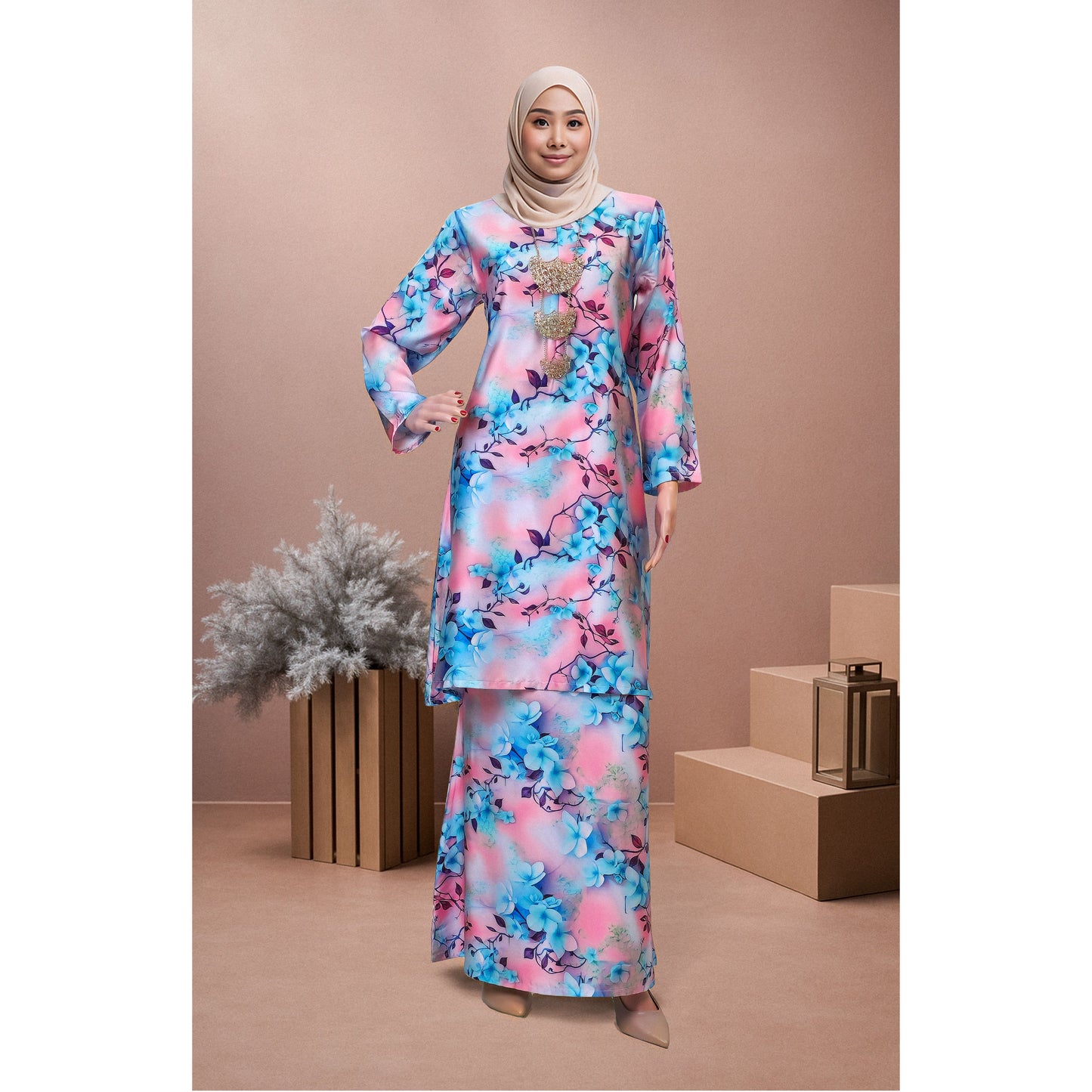 Bold Bloom Baju Kurung Camilia (CC02) Material Mango Ariani Silk Satin - Elegant Modern Floral Dress Wanita Muslimah