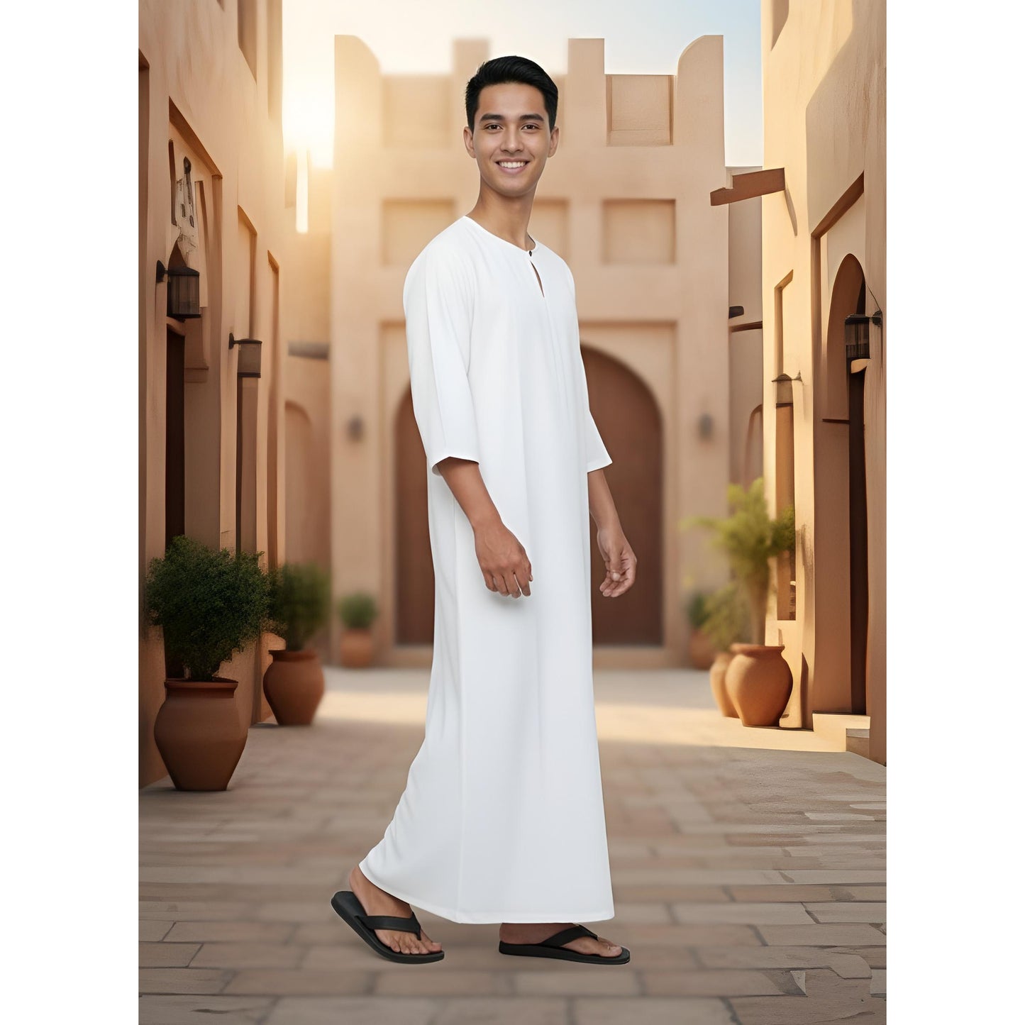 Jubah Lelaki Lengan Pendek Round Neck One Button 3/4 Sleeve (Mocha)