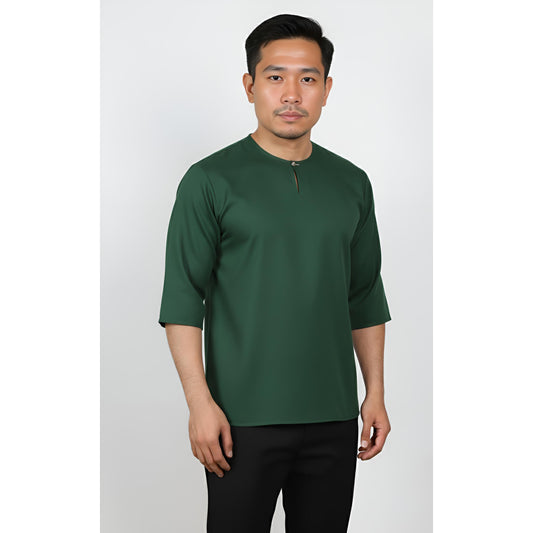 Kurta Lelaki Dewasa Tiga Suku Premium Crepe Dengan Wooded Button (Emerald Green)