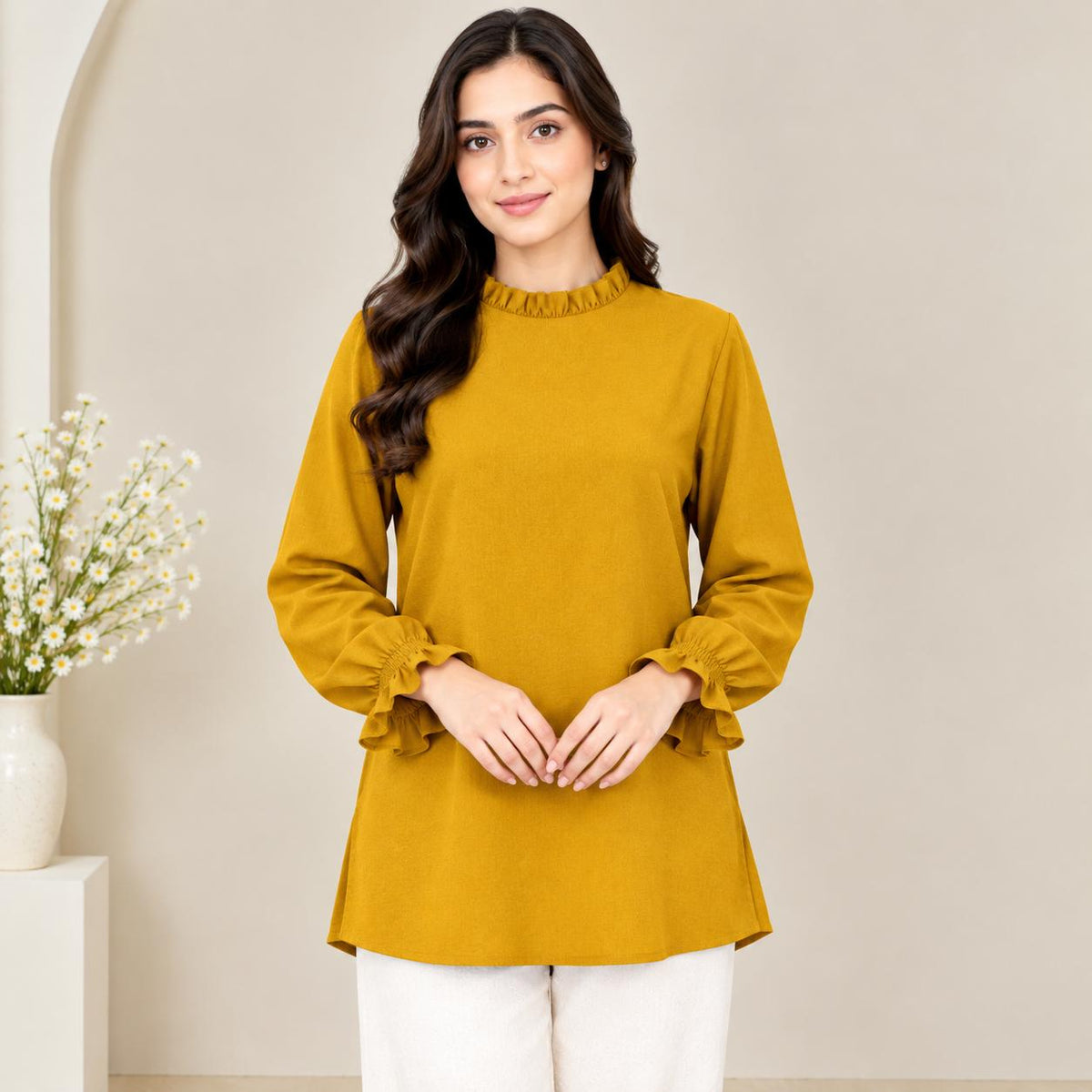 LYANA Ruffle Blouse – Blouse Wanita Leher Ropol Lengan Panjang Zip Belakang – Modest Fashion Muslimah