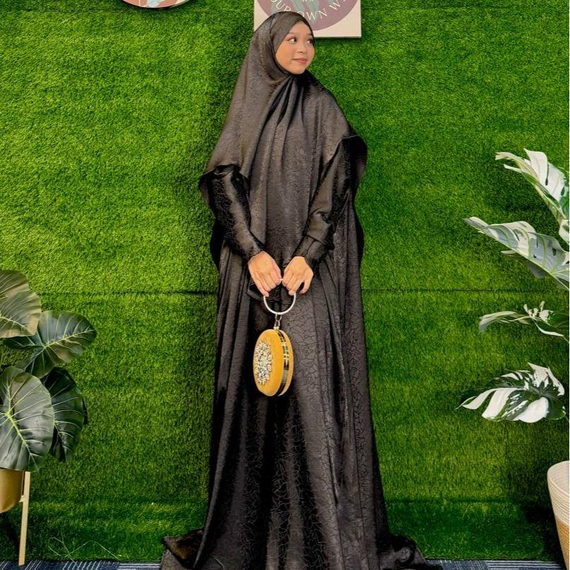Set Khimar Satin Jacquard Abaya Wanita Lengan Panjang
