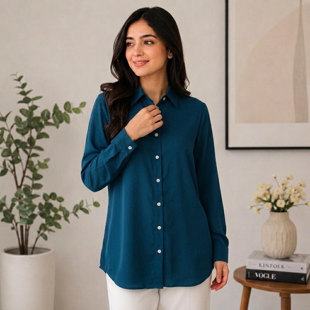 AURELIA Blouse Premium Satin-Touch Long Sleeve Button-Down Collar Plus Size Blouse for Women Fashion Muslimah