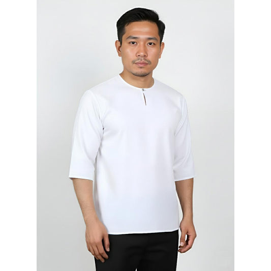Kurta Lelaki Dewasa Tiga Suku Premium Crepe Dengan Wooded Button (White)