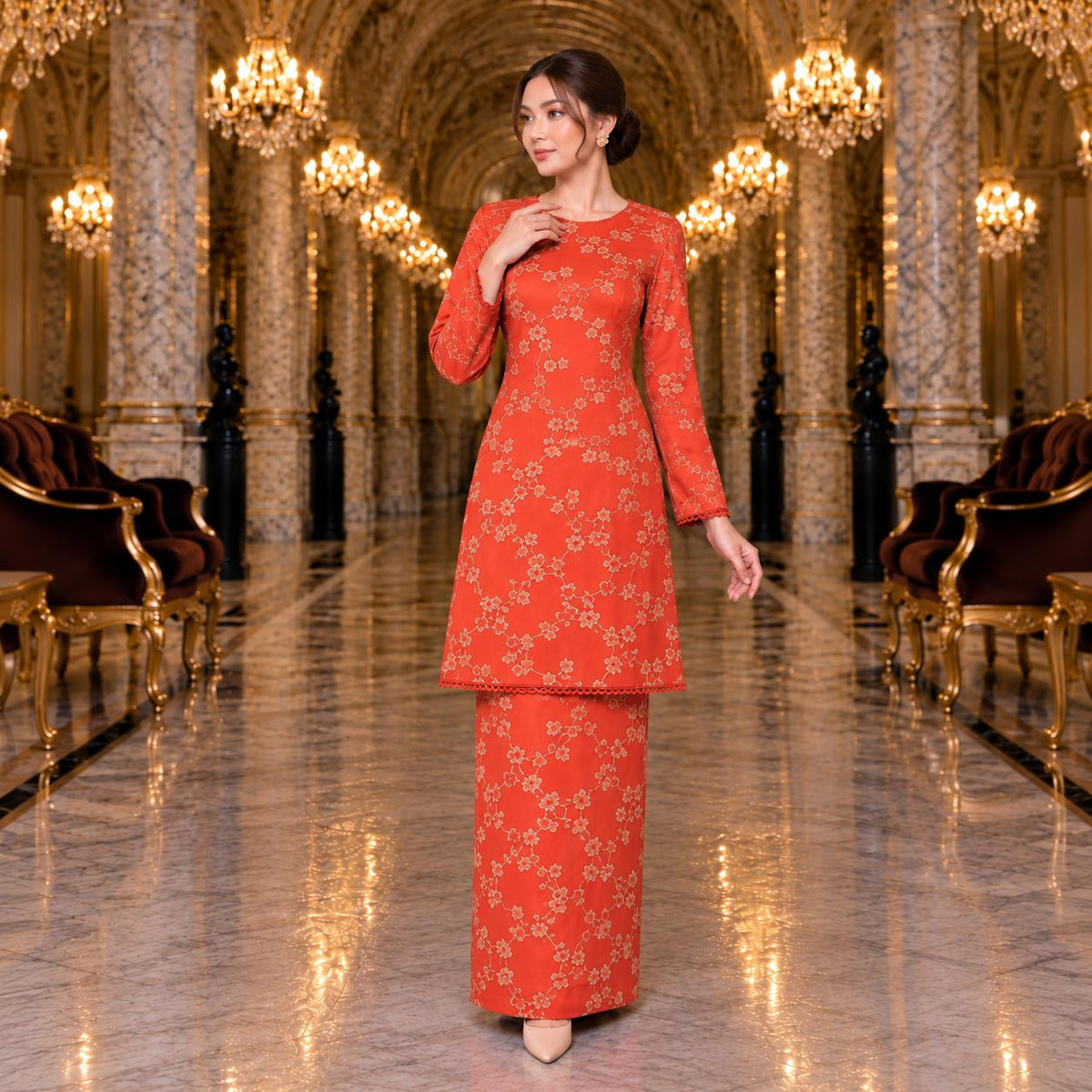 SEROJA Kurung Riau Floral – Baju Kurung Wanita Lace Lengan Panjang Kain Kipas Belakang – Modest Fashion Muslimah