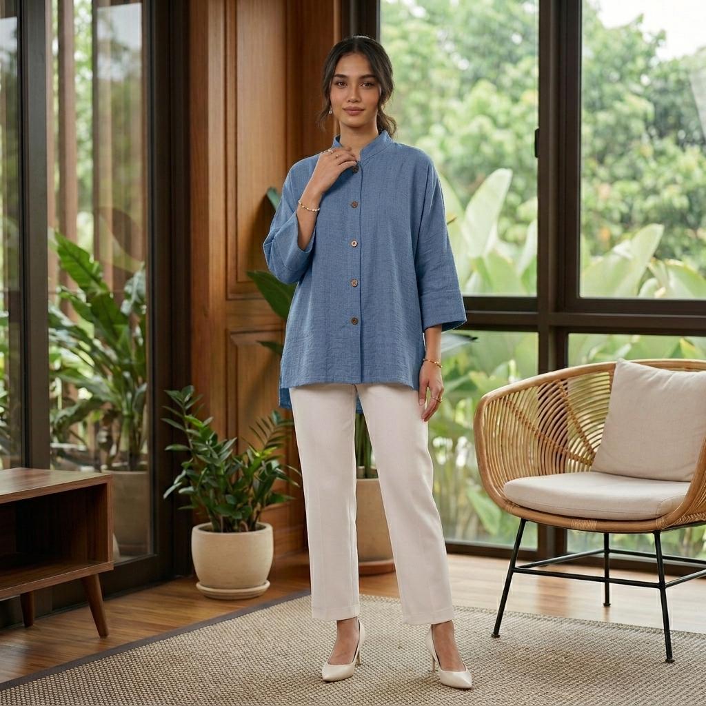 AERIN Blouse Free Size - Cotton Linen 3/4 Sleeve With Wooded Button Fashion Wanita Muslimah