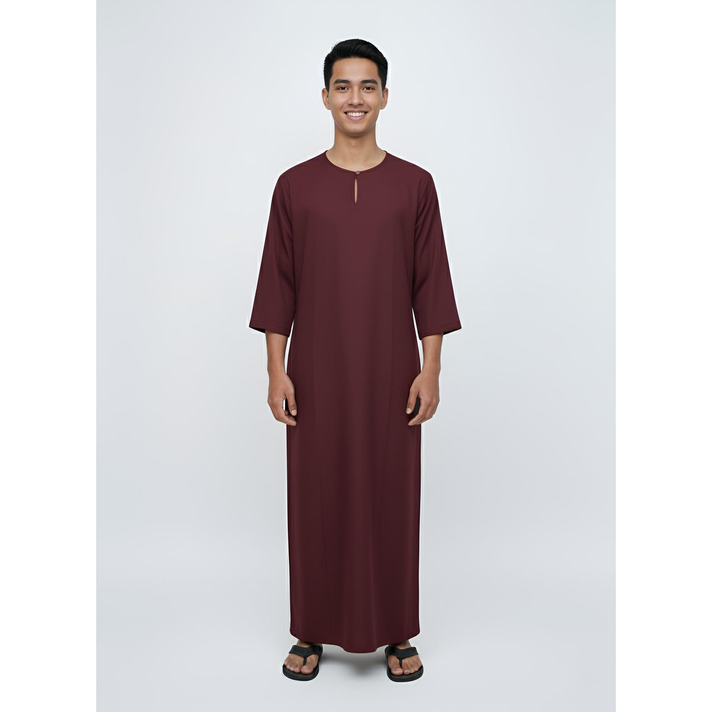 Jubah Lelaki Lengan Pendek Round Neck One Button 3/4 Sleeve (Maroon)