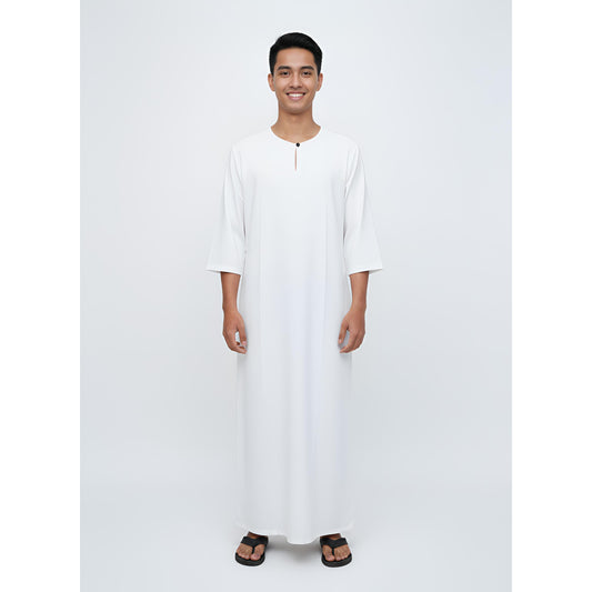 Jubah Lelaki Lengan Pendek Round Neck One Button 3/4 Sleeve (White)