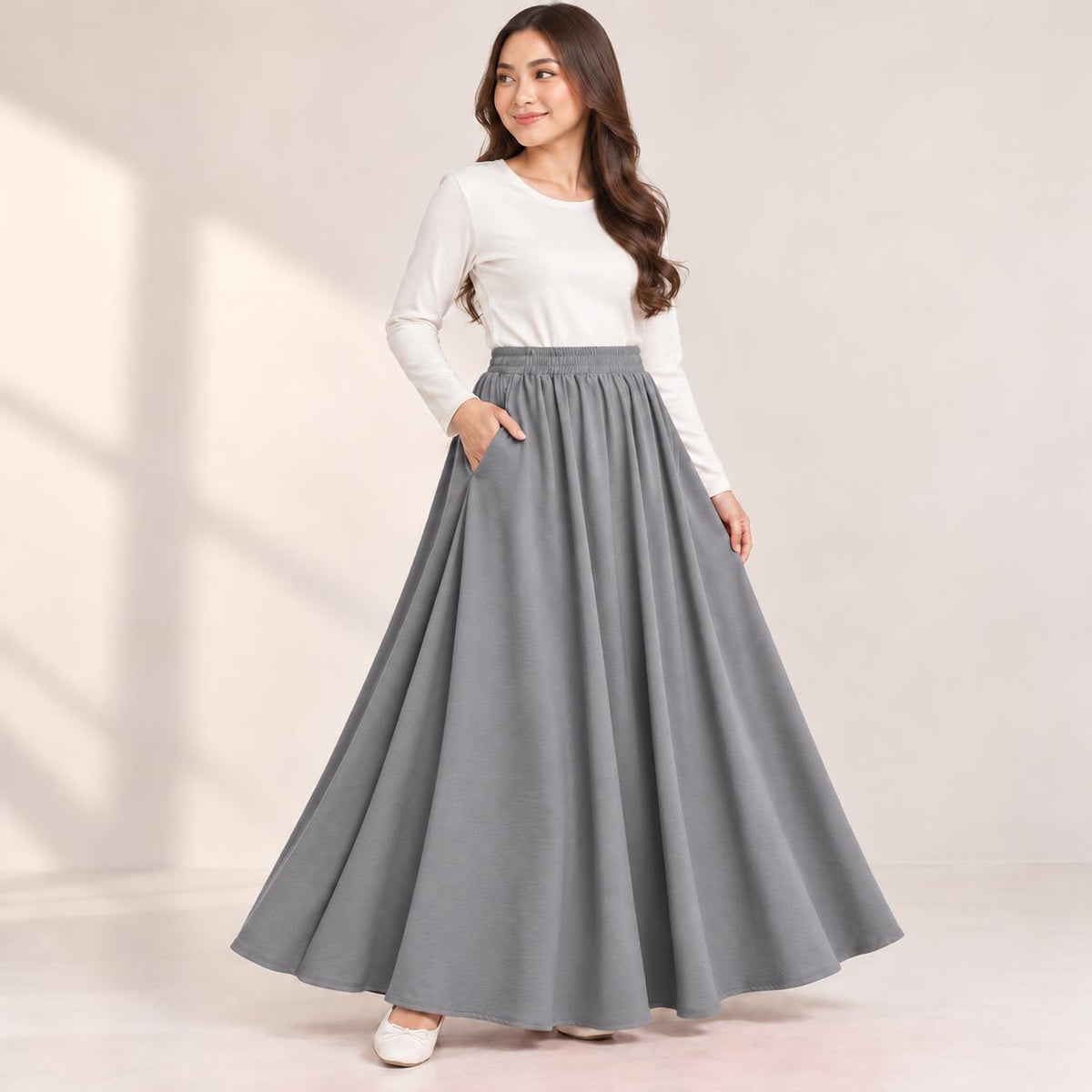 AINA Maxi Skirt – Skirt Labuh Kembang Pinggang Getah – Long Flowy Skirt Modest Fashion Wanita Muslimah