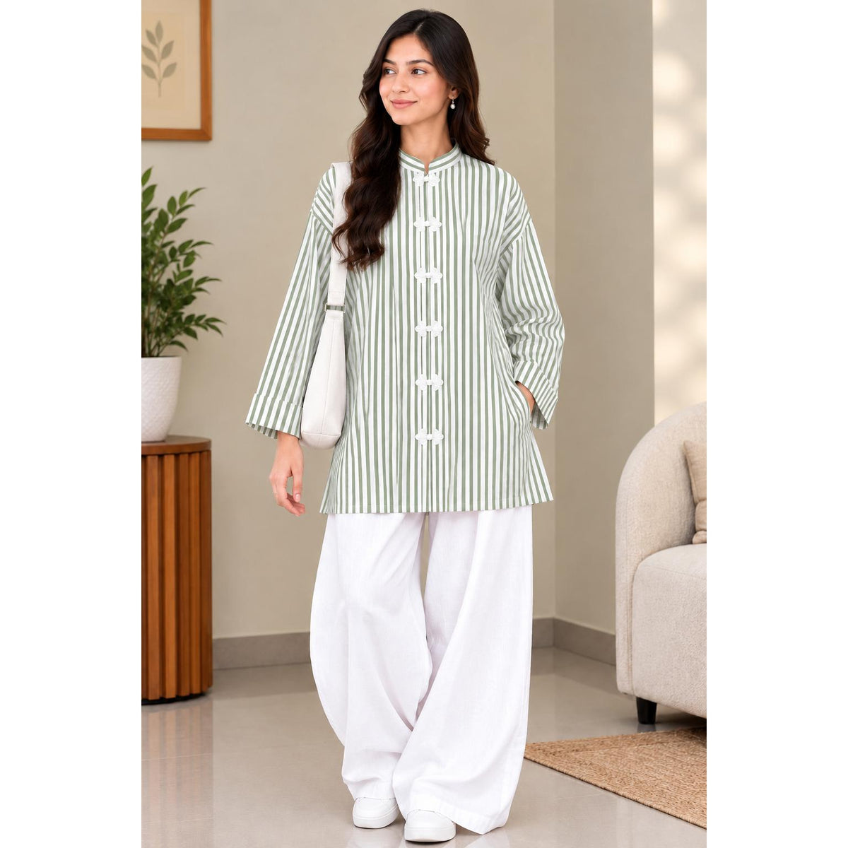 AYLIN Mandarin Blouse Cotton Line - Butang Sulam - Long Sleeve Mandrin Kolar - Modest Fashion Wanita Muslimah