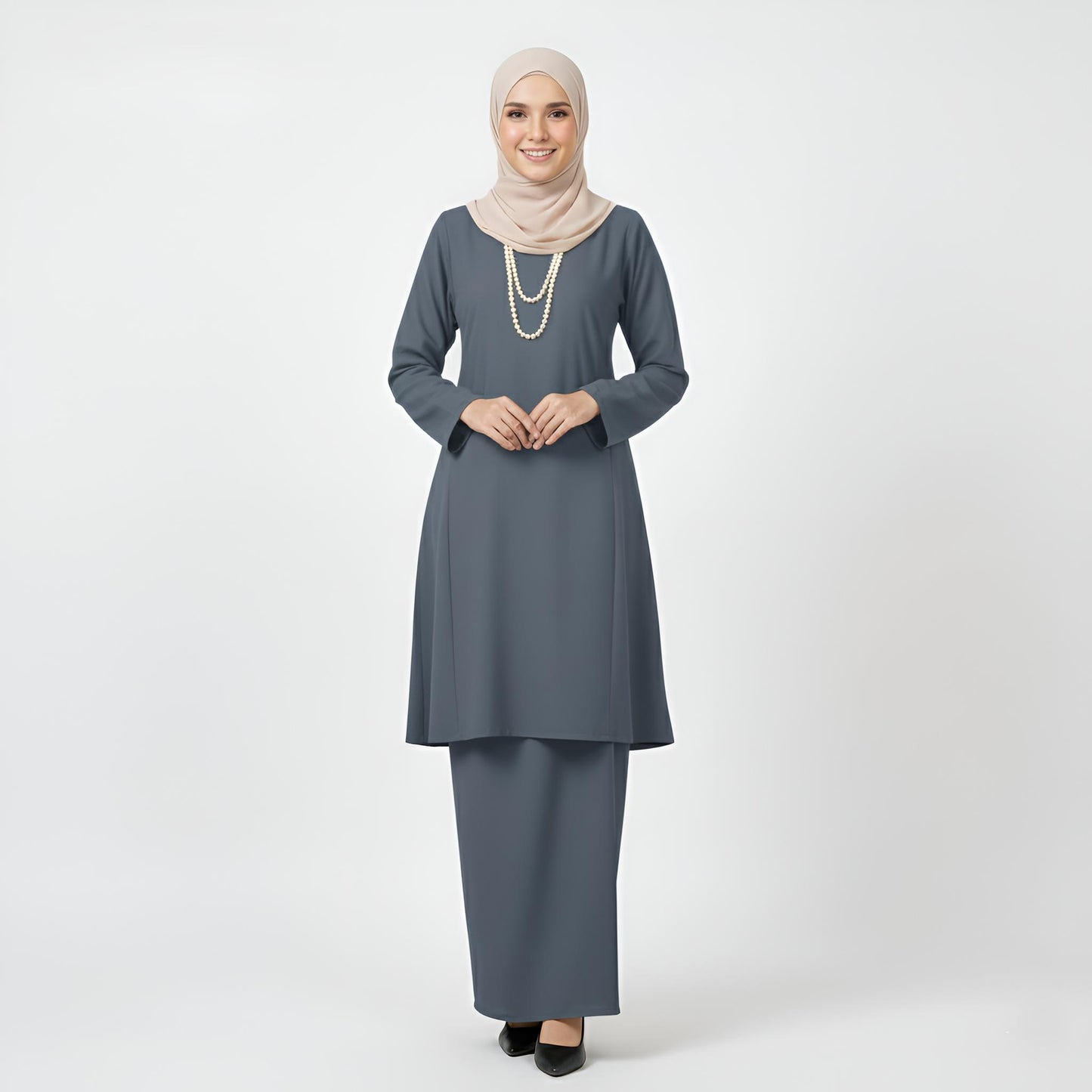 Baju Kurung Pahang Pesak (Grey) Plain Cotton Crepe Ironless