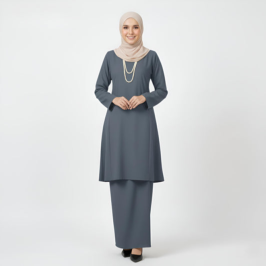 Baju Kurung Pahang Pesak (Grey) Plain Cotton Crepe Ironless