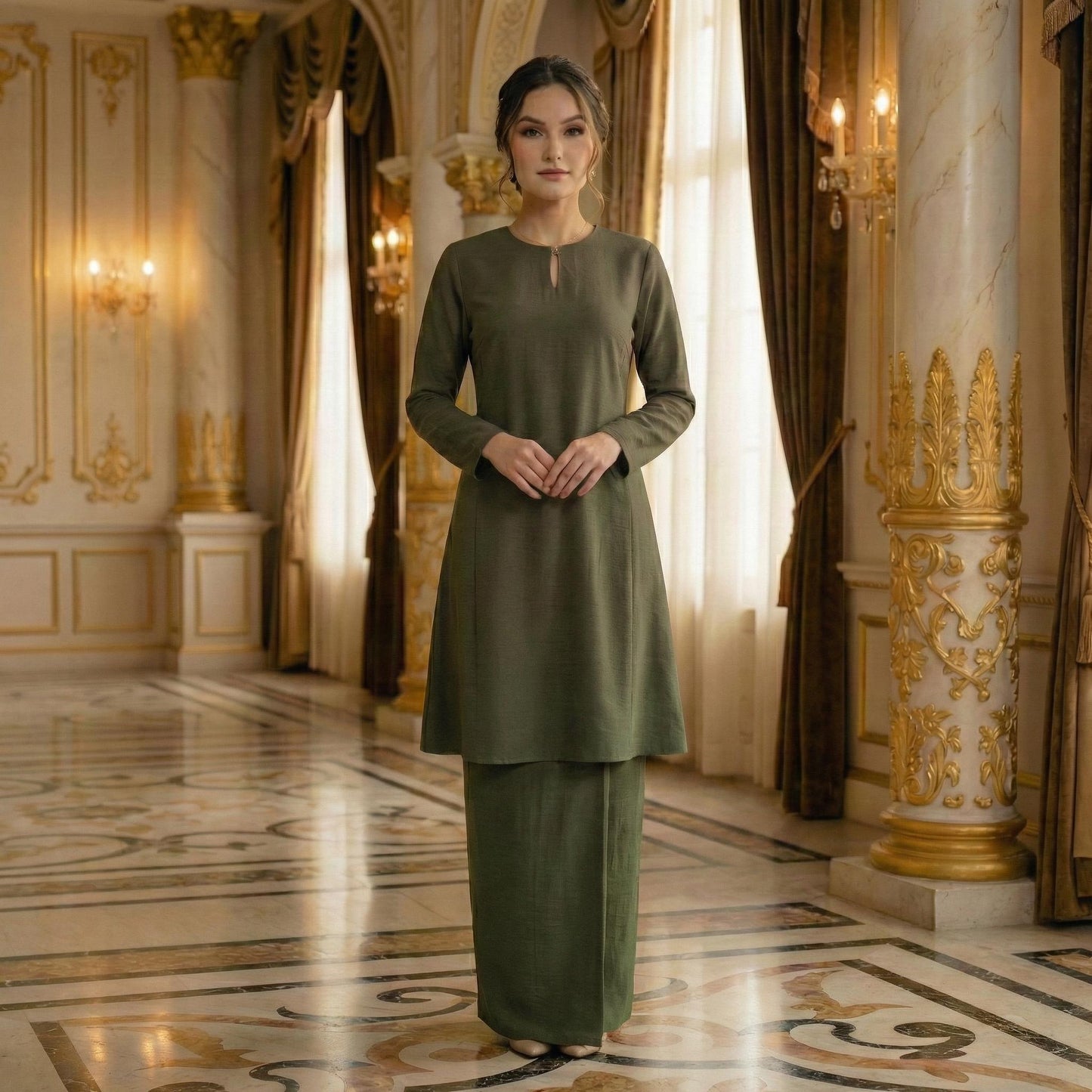 Baju Kurung Pahang Berpesak Material Cotton Plain (Moss Green)