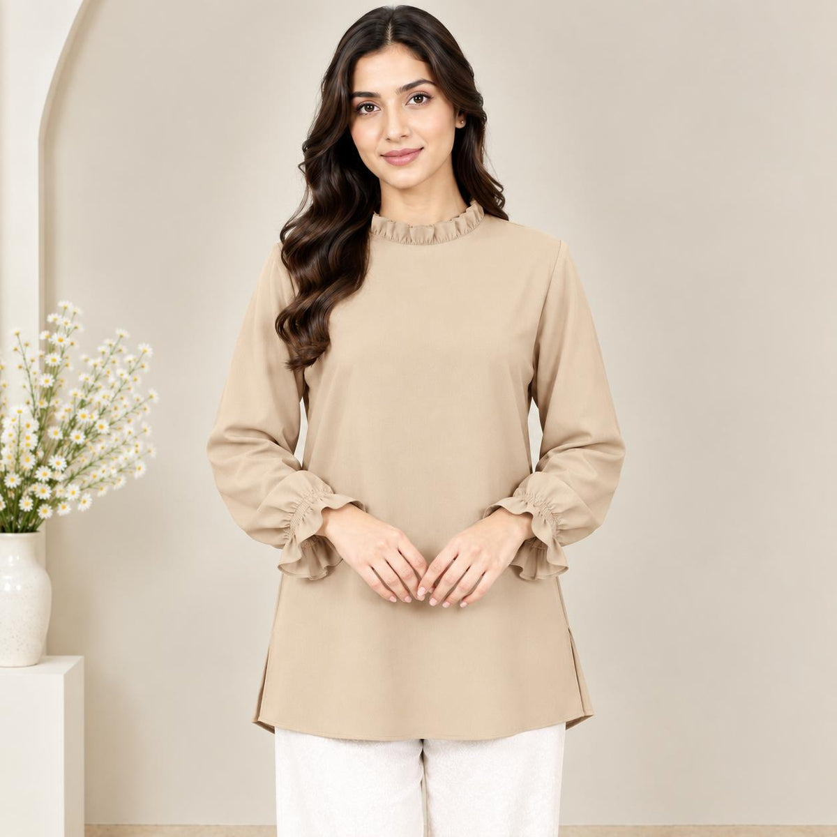 LYANA Ruffle Blouse – Blouse Wanita Leher Ropol Lengan Panjang Zip Belakang – Modest Fashion Muslimah
