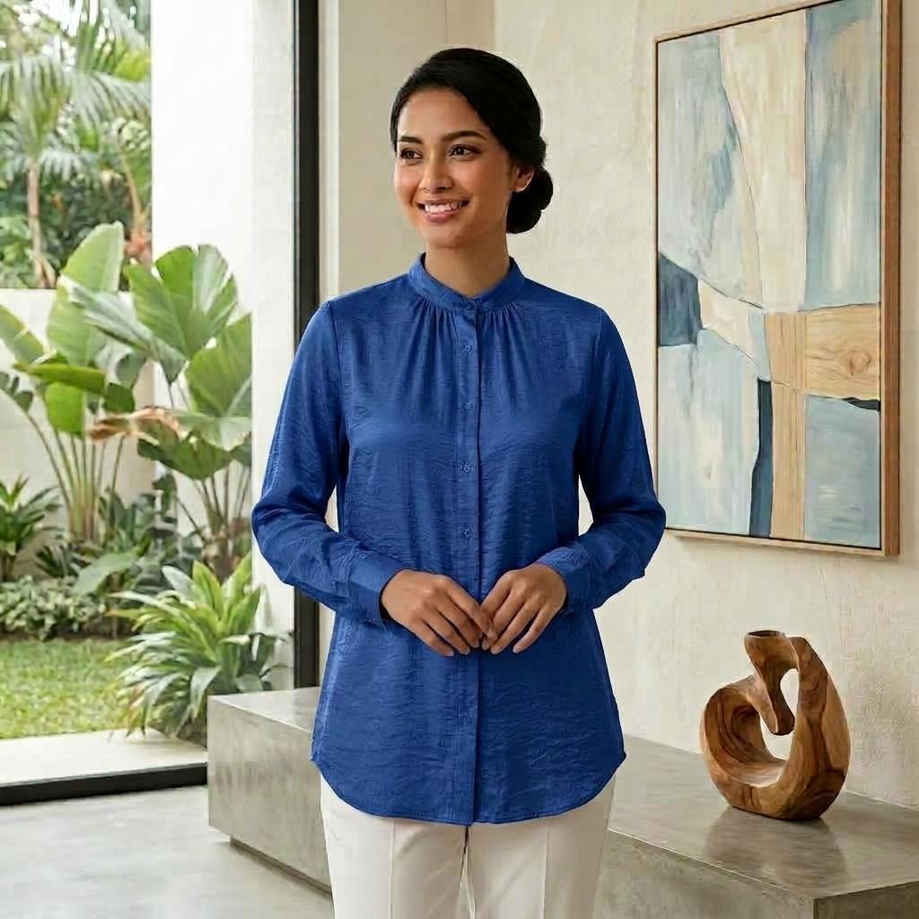 Lovito Elegant Blouse Button - Blouse Muslimah Ironless Vallisse Satin - Labuh Longgar Moden Casual Office Daily Wear