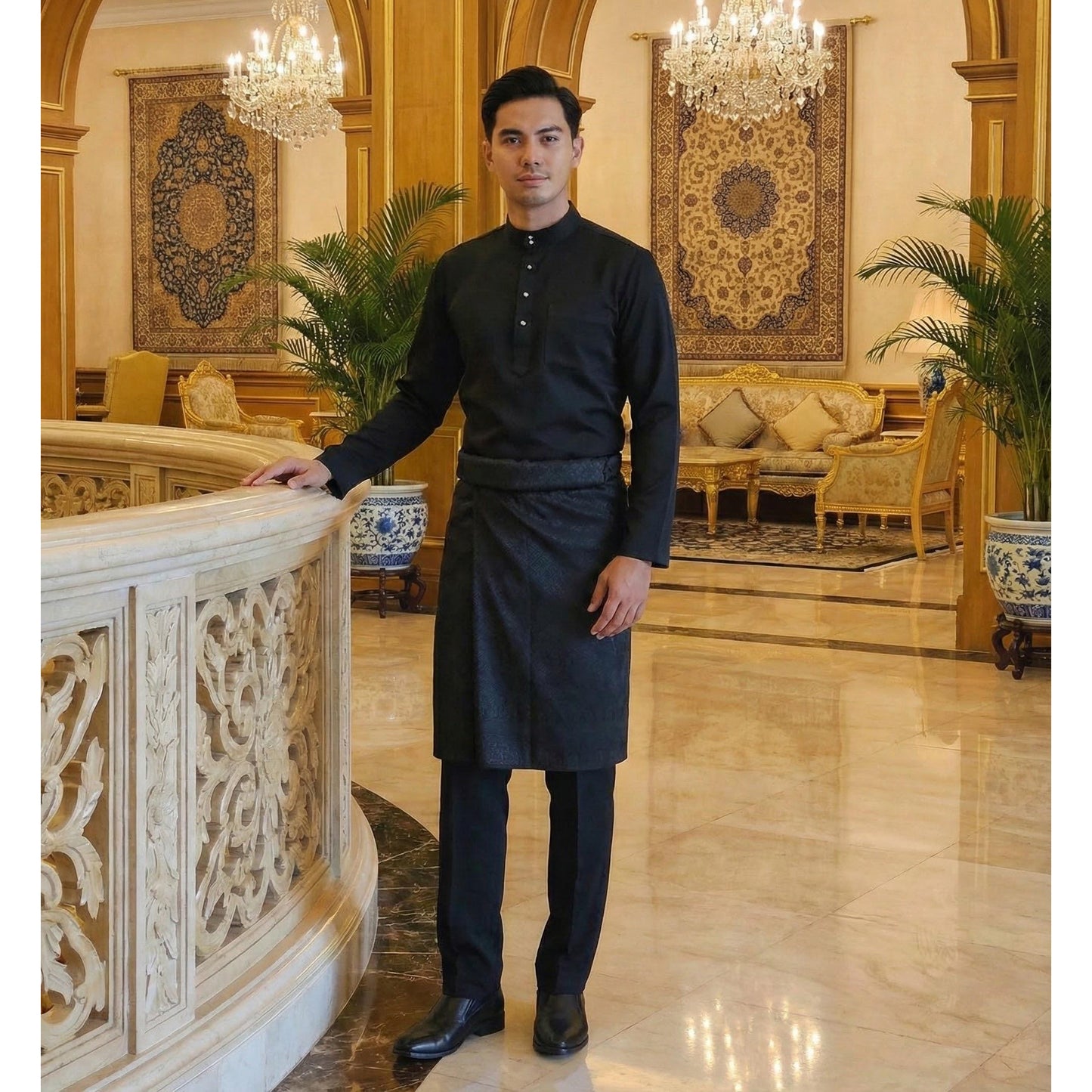 Baju Melayu Adult Pearl Skin - Top One Side Zip (Black)