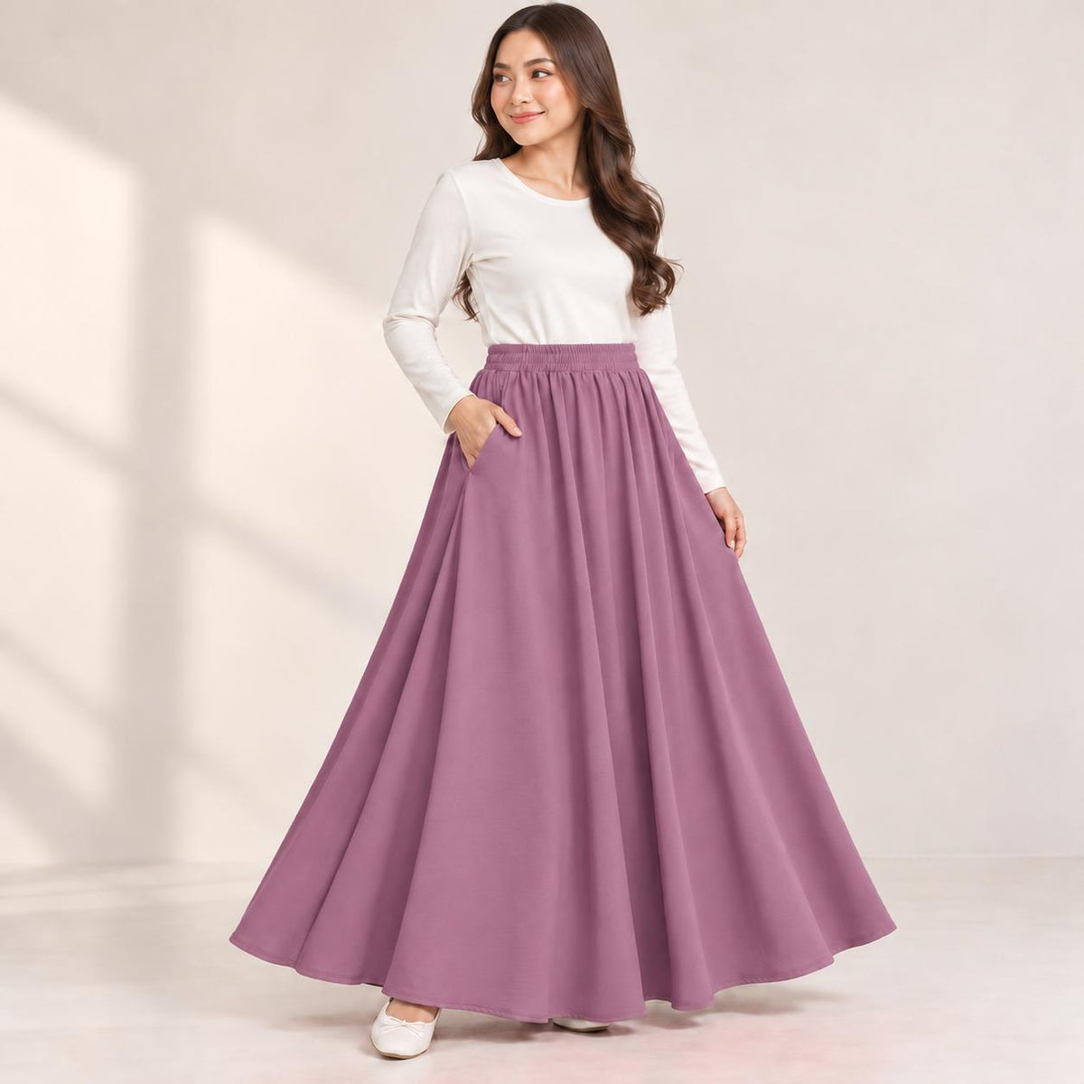 AINA Maxi Skirt – Skirt Labuh Kembang Pinggang Getah – Long Flowy Skirt Modest Fashion Wanita Muslimah