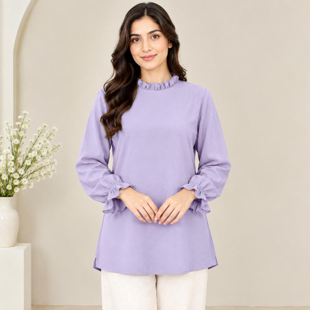 LYANA Ruffle Blouse – Blouse Wanita Leher Ropol Lengan Panjang Zip Belakang – Modest Fashion Muslimah