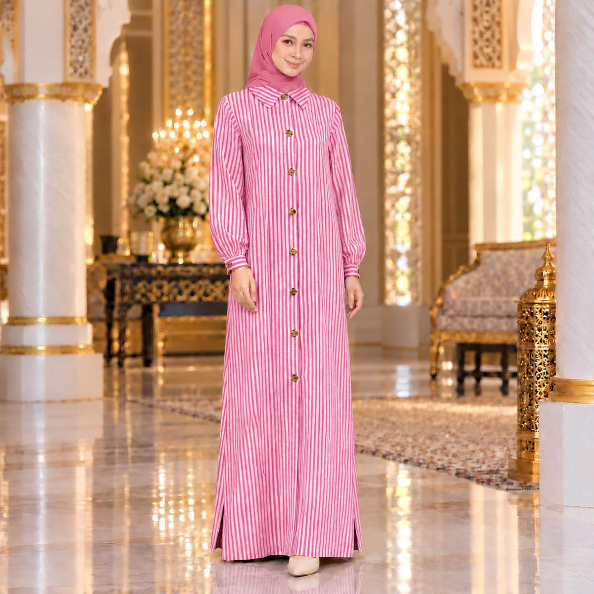 ALEENA Jubbah Stripe Button Collared - Jubah Kemeja Jalur Butang Hadapan Lengan Panjang - Modest Fashion Wanita Muslimah
