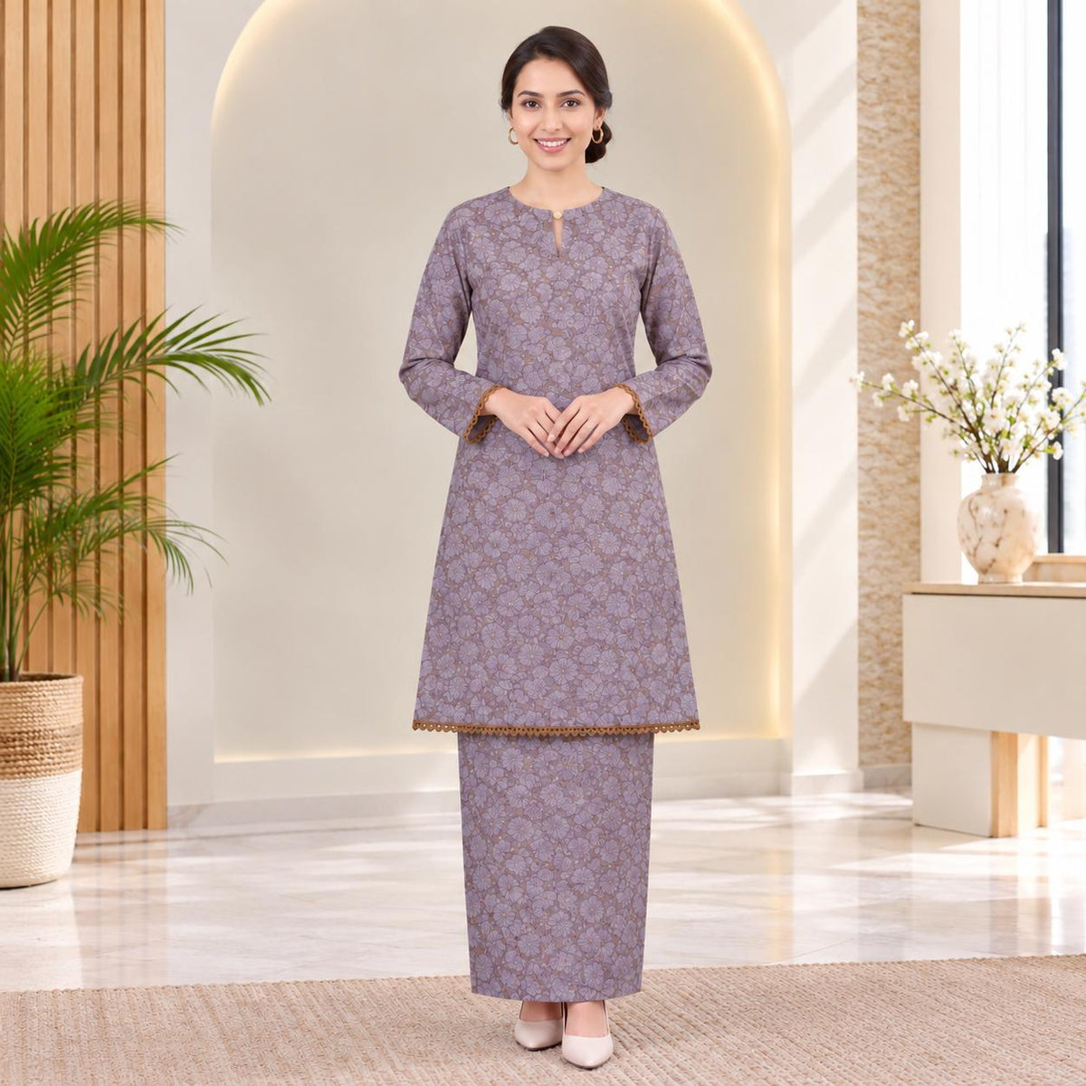 SERI KENCANA Kurung Riau Floral - Sutera Vietnam With Premium Lace - Modest Fashion Wanita Muslimah
