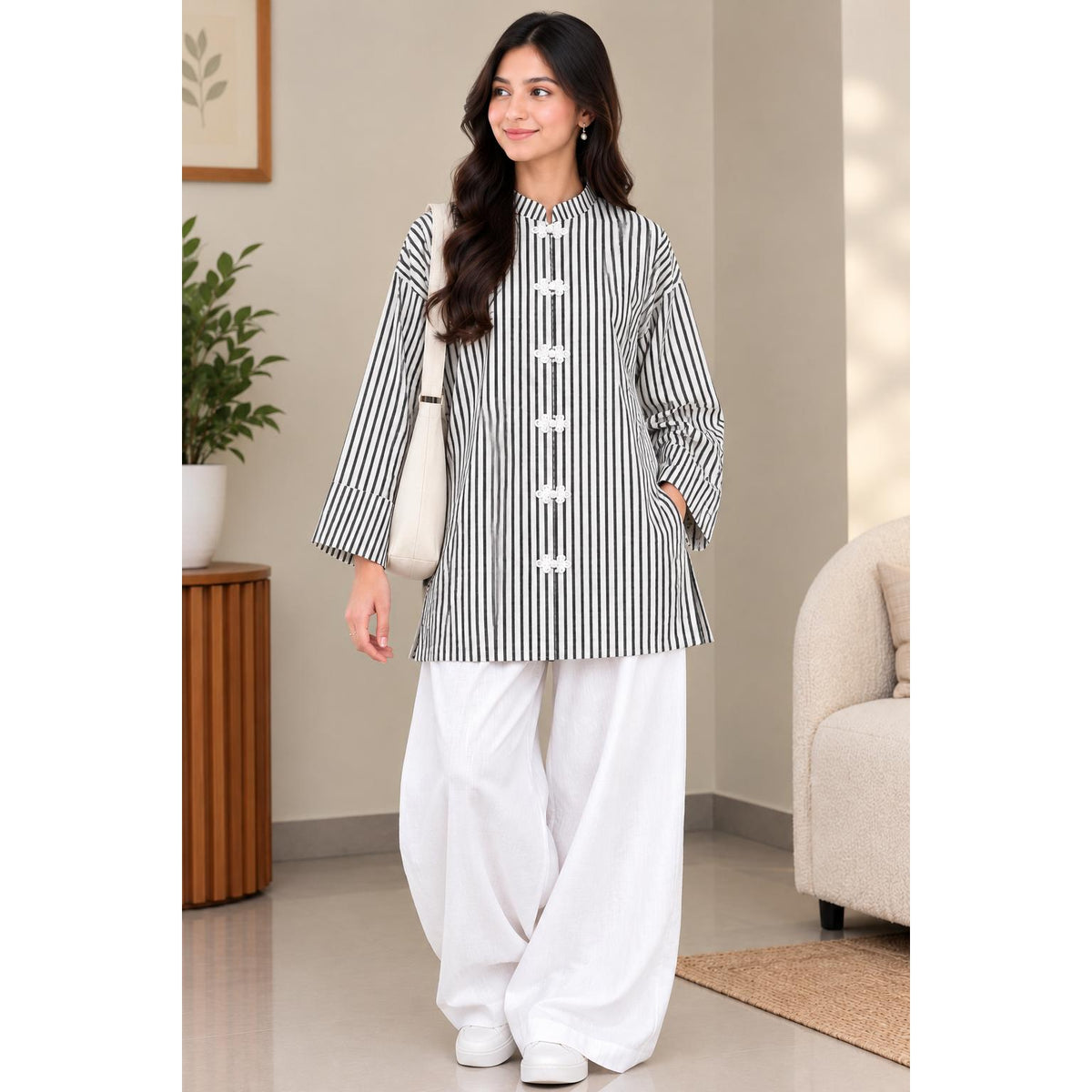 AYLIN Mandarin Blouse Cotton Line - Butang Sulam - Long Sleeve Mandrin Kolar - Modest Fashion Wanita Muslimah
