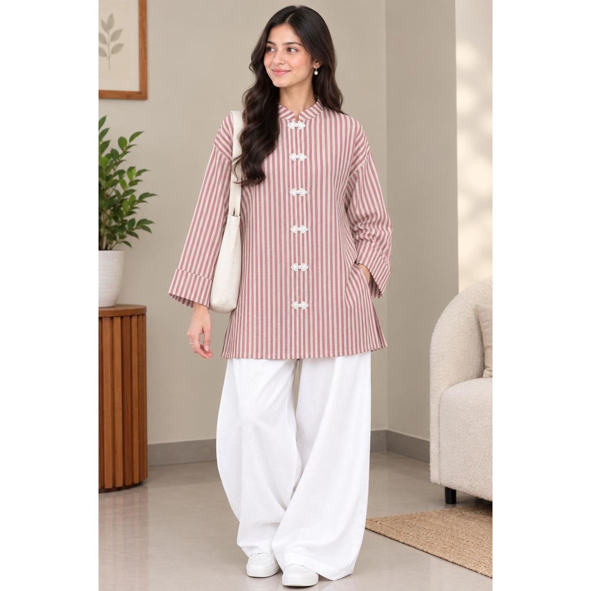 AYLIN Mandarin Blouse Cotton Line - Butang Sulam - Long Sleeve Mandrin Kolar - Modest Fashion Wanita Muslimah