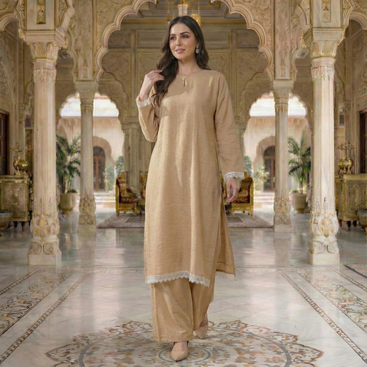 Rembayung Kurung Soft Cotton With Lace (Maroon)