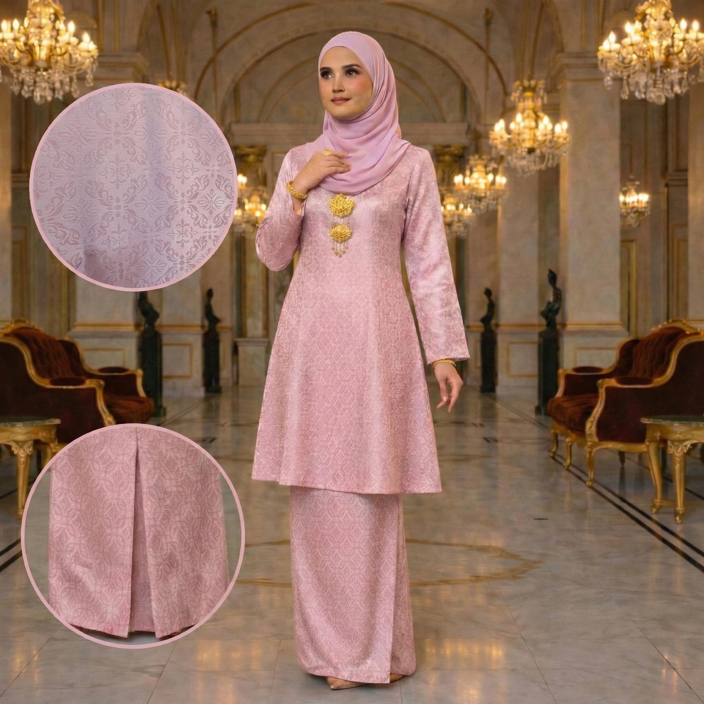 Riau Ayu Lestari Princess Satin Songket Embossed (Soft Pink)
