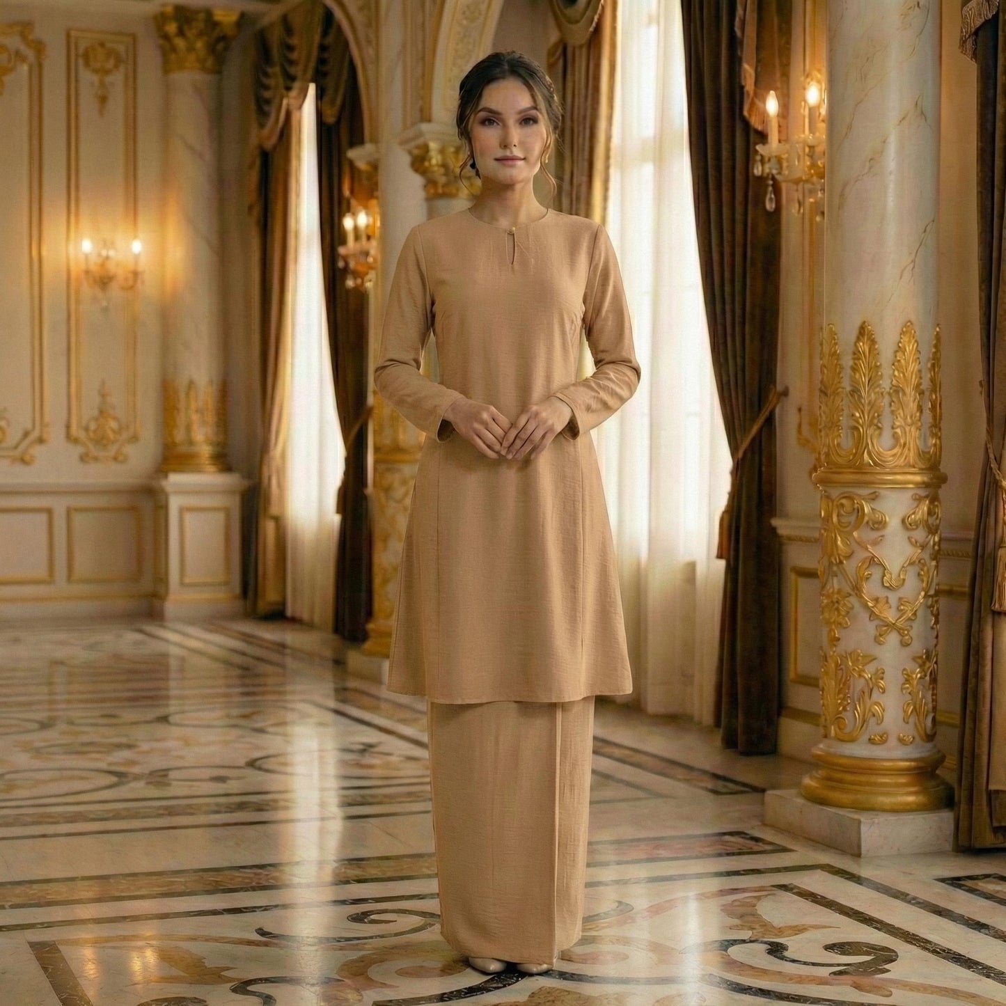 Baju Kurung Pahang Berpesak Material Cotton Plain (Khakis)