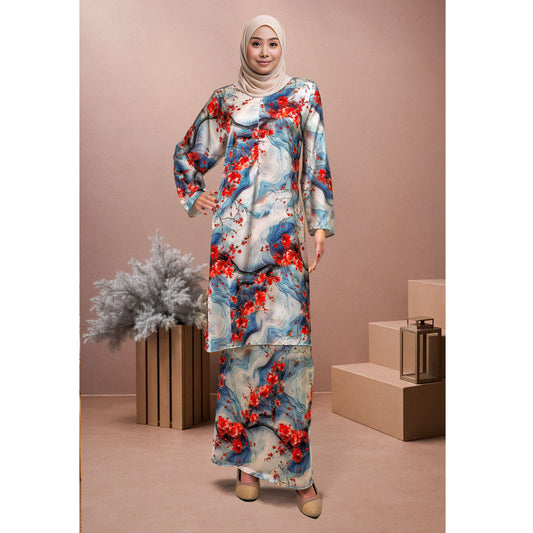 Bold Bloom Baju Kurung Camilia (CA01) Material Mango Ariani Silk Satin - Elegant Modern Floral Dress Wanita Muslimah