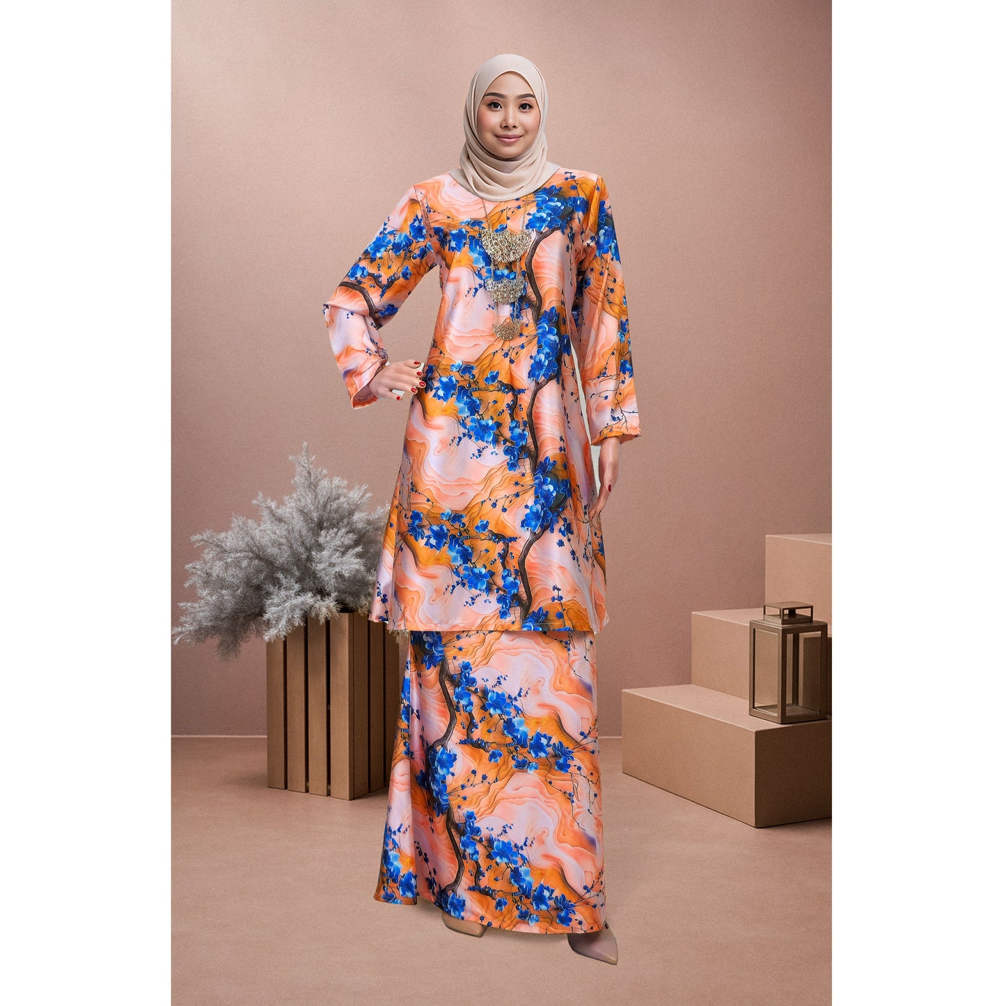 Bold Bloom Baju Kurung Camilia (CA02) Material Mango Ariani Silk Satin - Elegant Modern Floral Dress Wanita Muslimah
