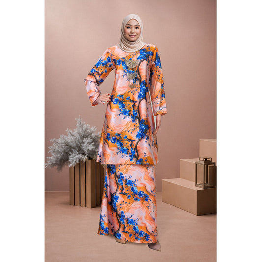 Bold Bloom Baju Kurung Camilia (CA02) Material Mango Ariani Silk Satin - Elegant Modern Floral Dress Wanita Muslimah