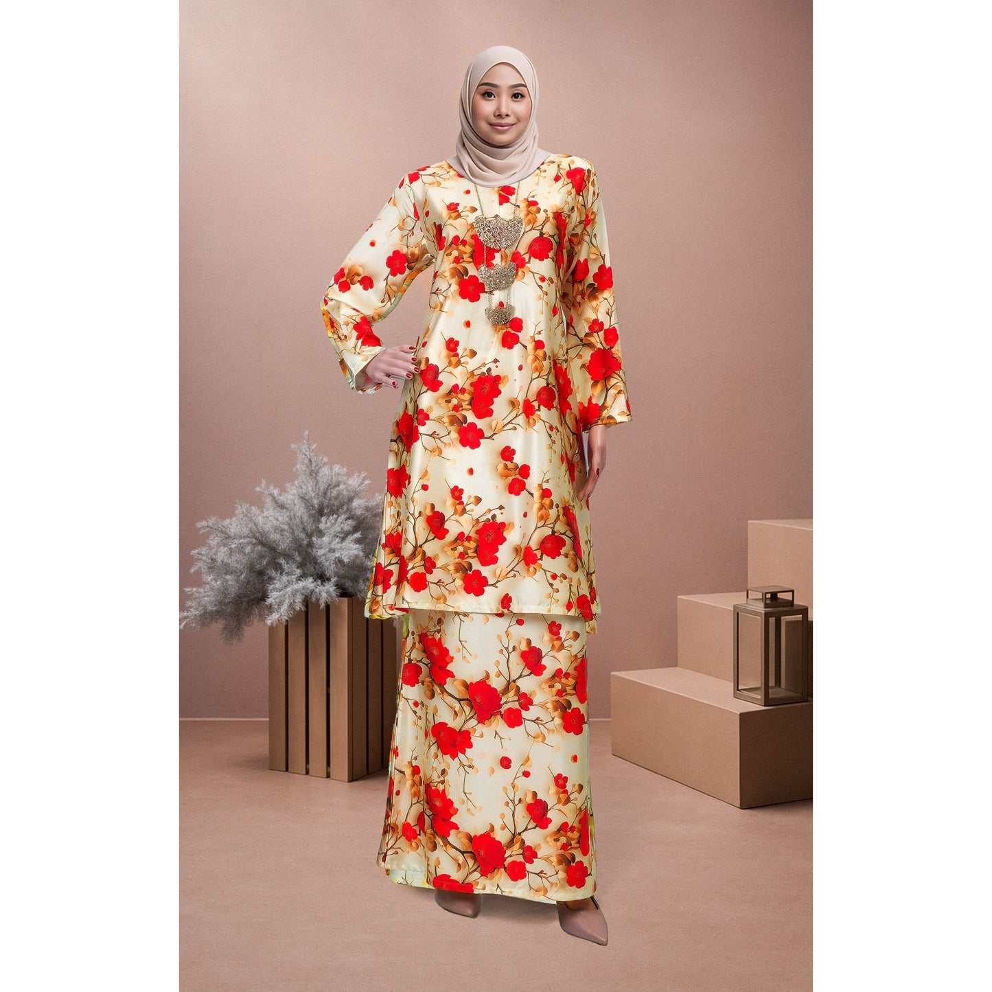 Bold Bloom Baju Kurung Camilia (CB01) Material Mango Ariani Silk Satin - Elegant Modern Floral Dress Wanita Muslimah