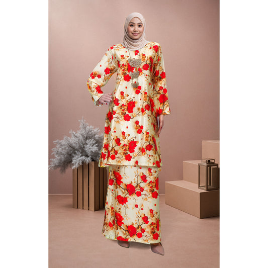 Bold Bloom Baju Kurung Camilia (CB01) Material Mango Ariani Silk Satin - Elegant Modern Floral Dress Wanita Muslimah