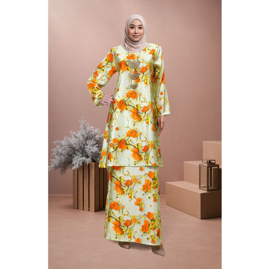 Bold Bloom Baju Kurung Camilia (CB02) Material Mango Ariani Silk Satin - Elegant Modern Floral Dress Wanita Muslimah