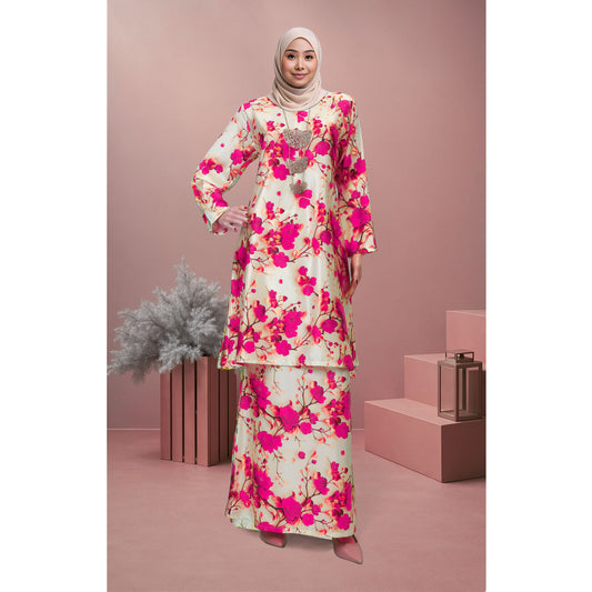 Bold Bloom Baju Kurung Camilia (CB03) Material Mango Ariani Silk Satin - Elegant Modern Floral Dress Wanita Muslimah