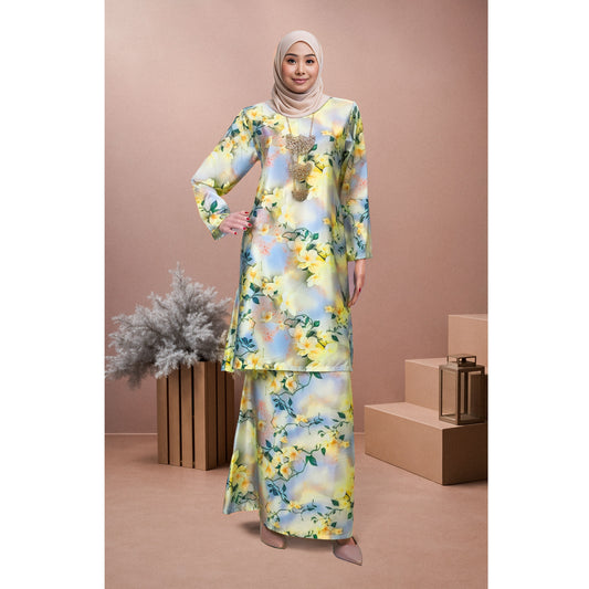 Bold Bloom Baju Kurung Camilia (CC01) Material Mango Ariani Silk Satin - Elegant Modern Floral Dress Wanita Muslimah