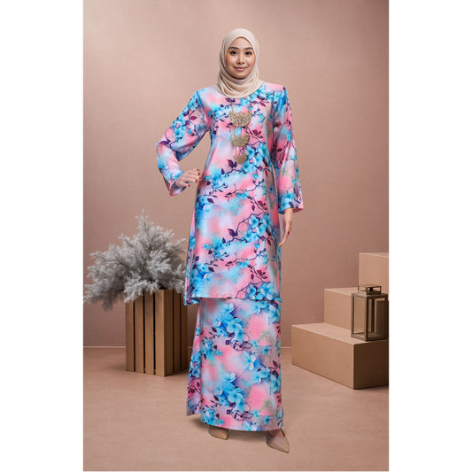 Bold Bloom Baju Kurung Camilia (CC02) Material Mango Ariani Silk Satin - Elegant Modern Floral Dress Wanita Muslimah