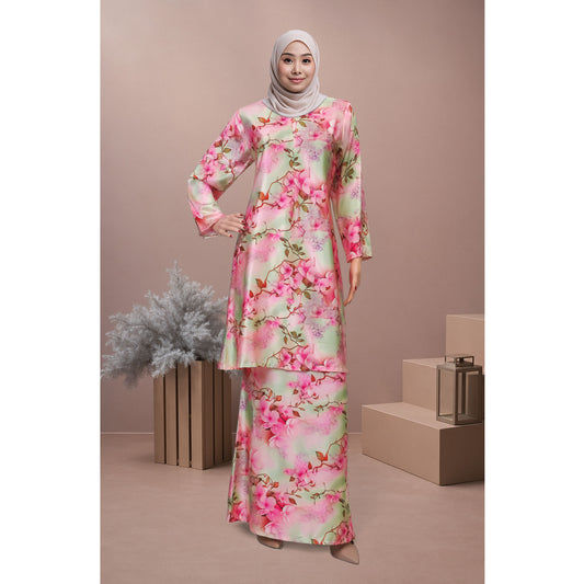 Bold Bloom Baju Kurung Camilia (CC03) Material Mango Ariani Silk Satin - Elegant Modern Floral Dress Wanita Muslimah