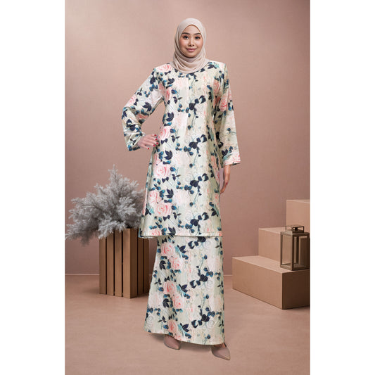 Bold Bloom Baju Kurung Camilia (CD01) Material Mango Ariani Silk Satin - Elegant Modern Floral Dress Wanita Muslimah
