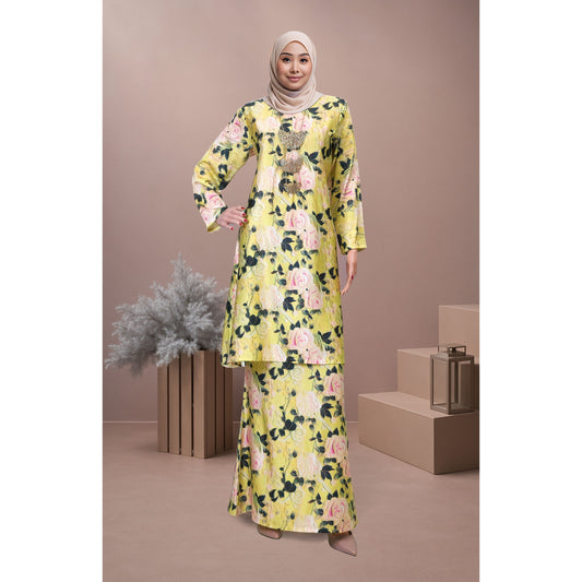 Bold Bloom Baju Kurung Camilia (CD02) Material Mango Ariani Silk Satin - Elegant Modern Floral Dress Wanita Muslimah