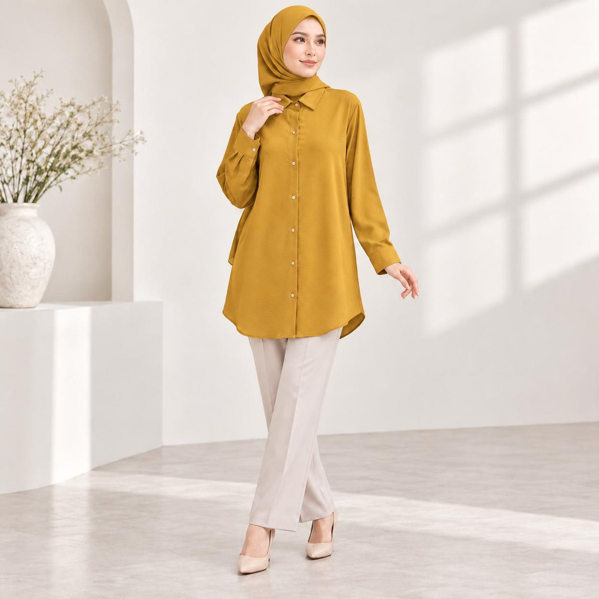 LANA Blouse Long Sleeves Kemeja Kolar With Front Buttons - Material CEY - Modest Fashion Wanita