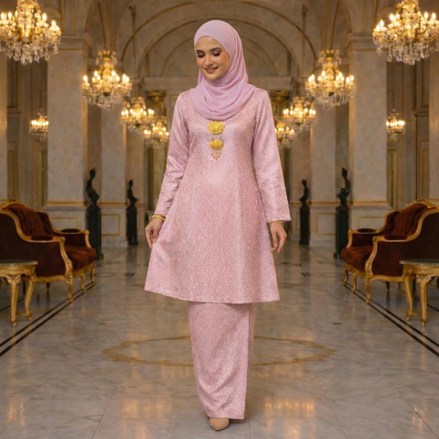 Riau Ayu Lestari Princess Satin Songket Embossed (Soft Pink)