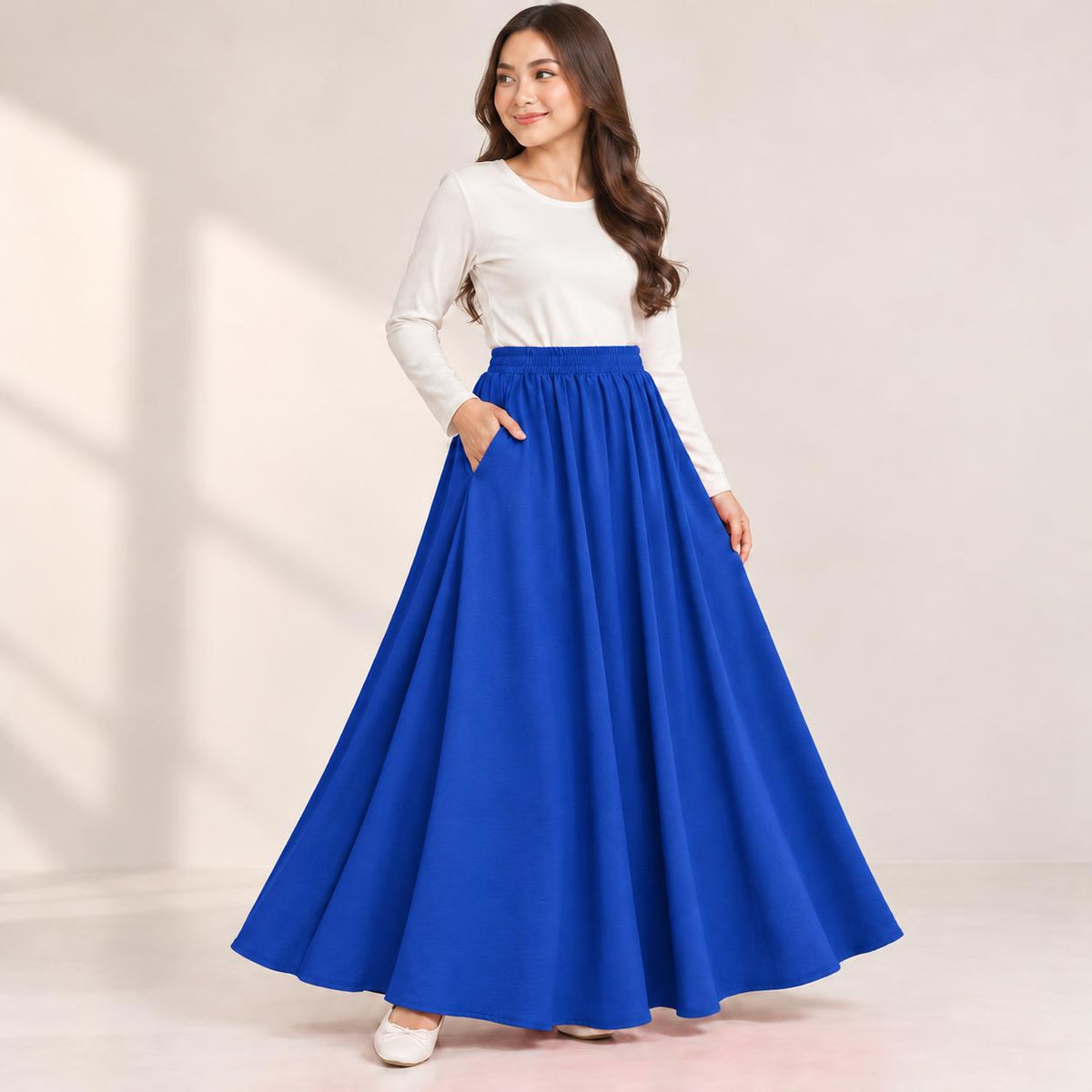 AINA Maxi Skirt – Skirt Labuh Kembang Pinggang Getah – Long Flowy Skirt Modest Fashion Wanita Muslimah