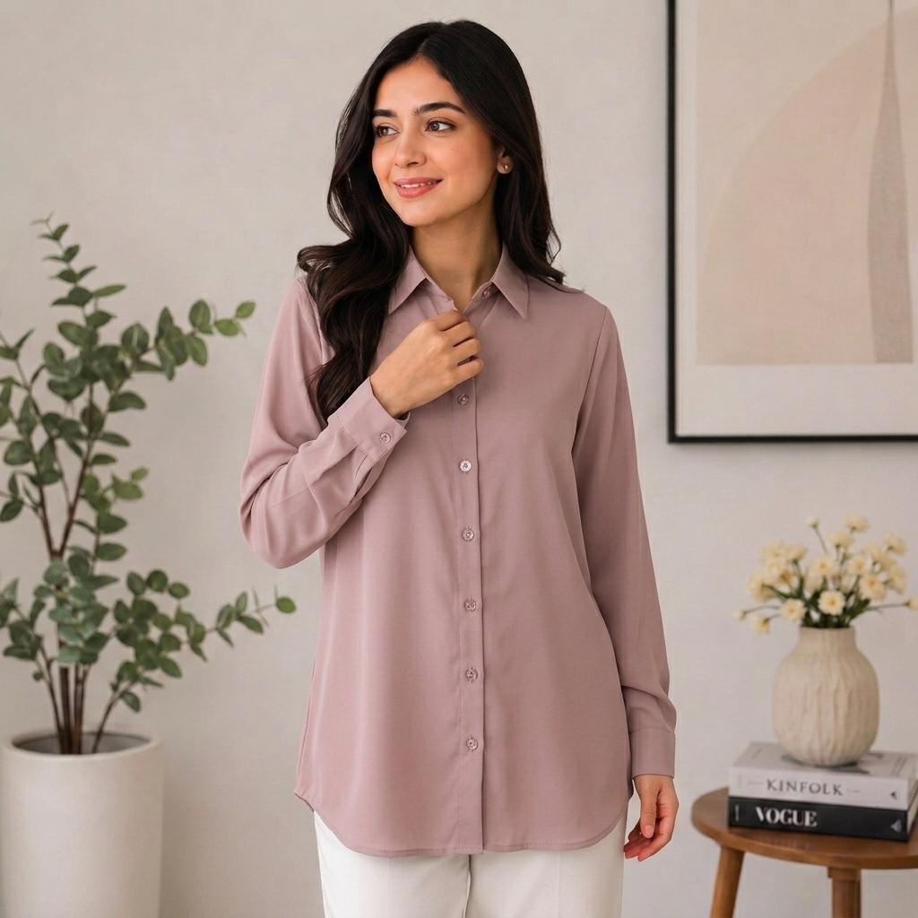 AURELIA Blouse Premium Satin-Touch Long Sleeve Button-Down Collar Plus Size Blouse for Women Fashion Muslimah