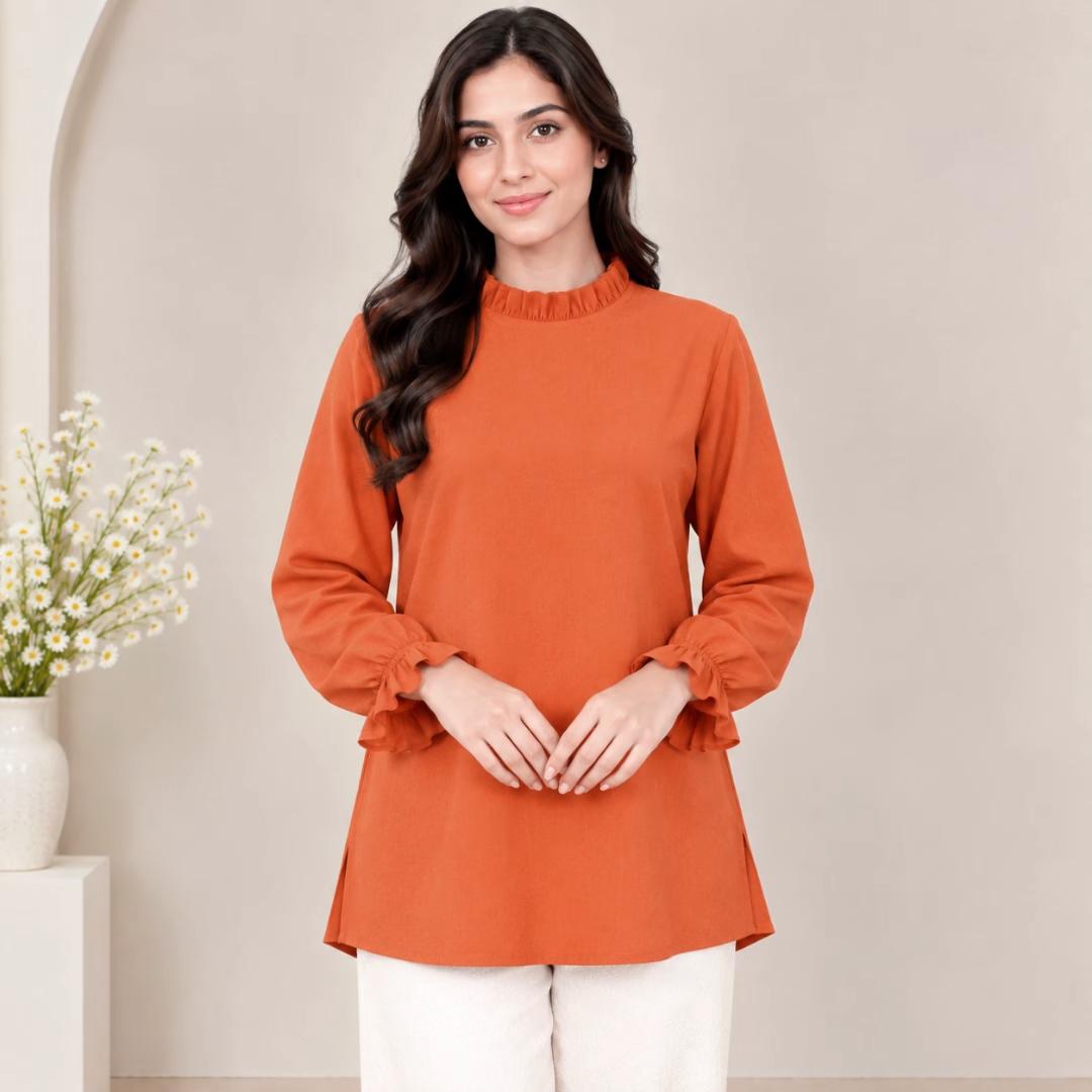 LYANA Ruffle Blouse – Blouse Wanita Leher Ropol Lengan Panjang Zip Belakang – Modest Fashion Muslimah